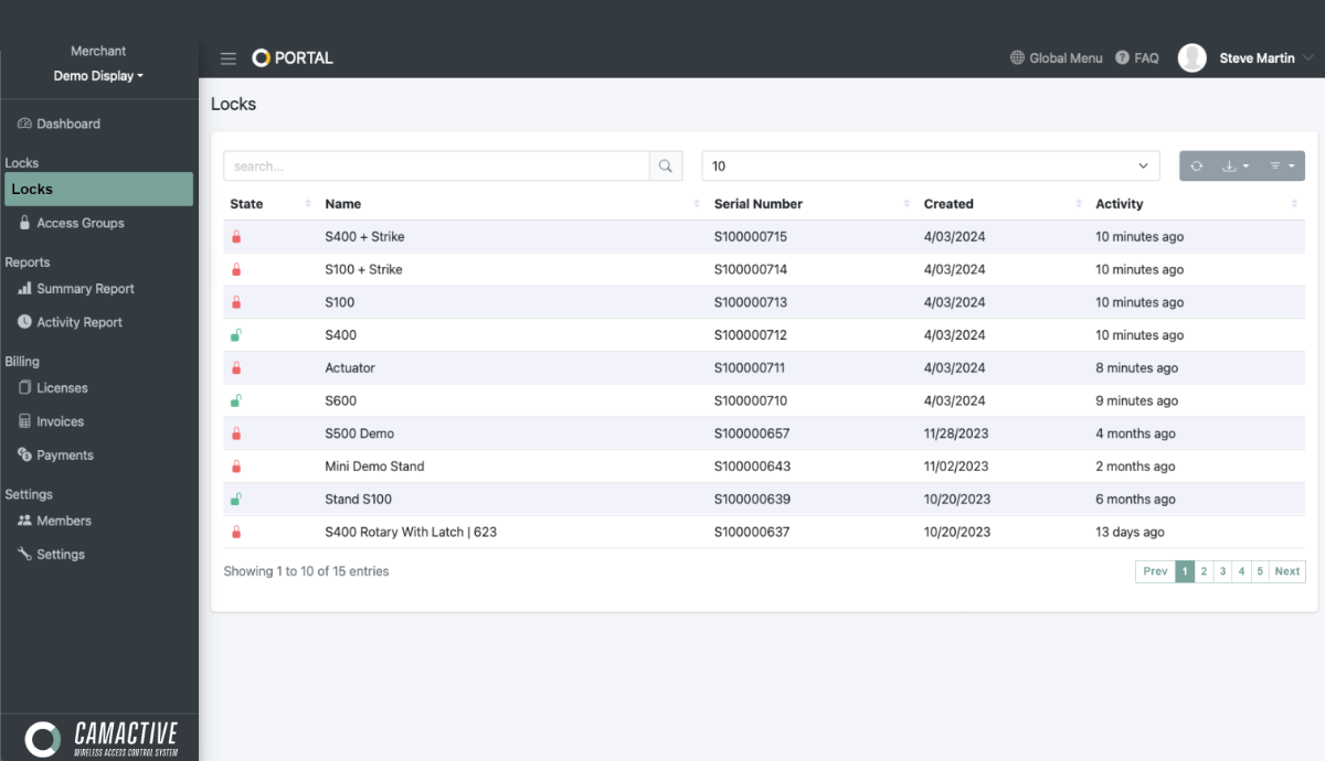 CAMACTIVE Portal - lock status